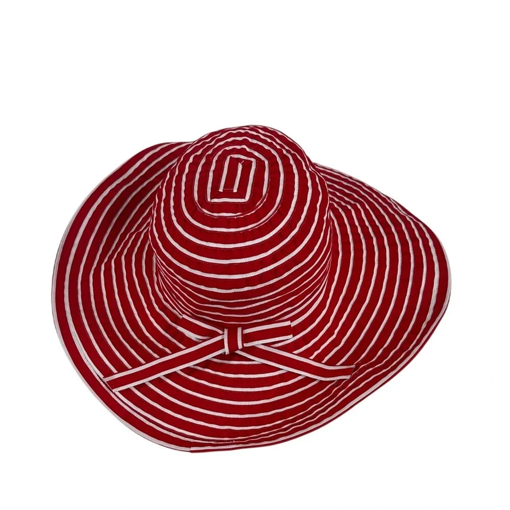 San Diego Hat Co Womens Red‎ White Striped Wide Brim Sun Hat Ribbon Bow O/S